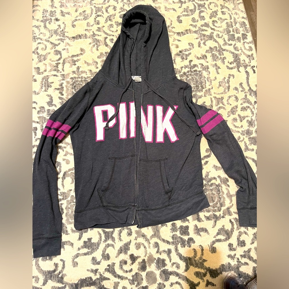 Pink Victoria Secret Gray Zip Up Hoodie with purple logo (***Missing Zipper***)